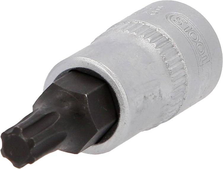 Ein silberner Steckschlüsselaufsatz mit einem schwarzen Torx-Bit-Einsatz. Geeignet zum Festziehen oder Lösen von Schrauben.