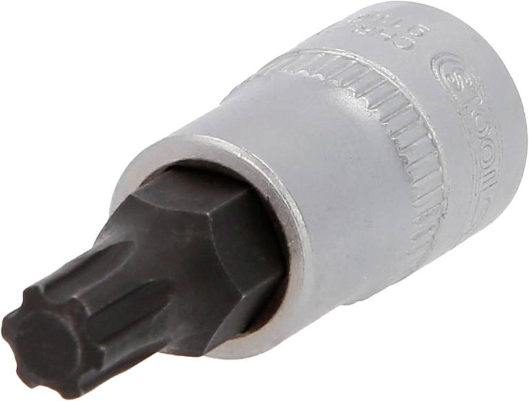 Ein sechsflächiger Steckschlüsselaufsatz mit geriffeltem Griff, hauptsächlich aus Metall, für Schraubarbeiten geeignet.