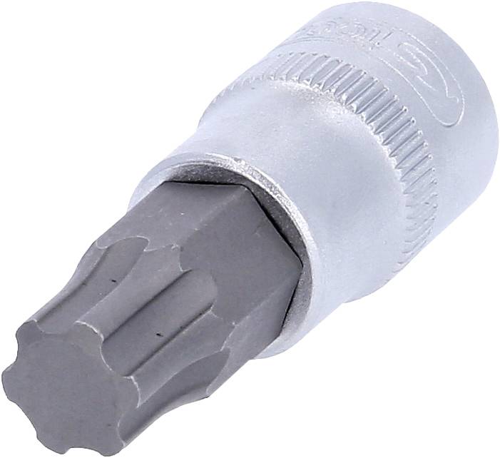 Silberner Schraubendrehereinsatz mit sternförmigem Kopf, geeignet für Torx-Schrauben.