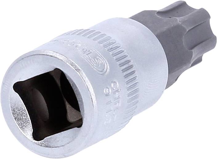 Steckbit-Aufsatz mit runder, geriffelter Metallhülse und sechskantigem Kopf, geeignet für Schraubarbeiten.