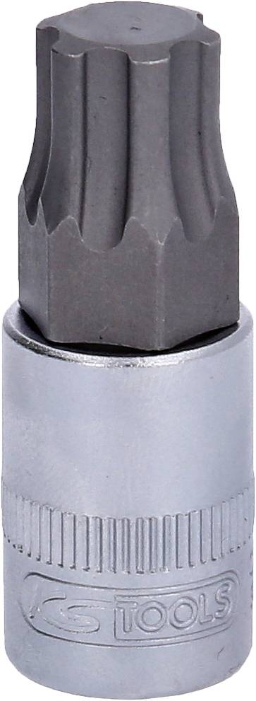 Ein silberfarbener Steckschlüssel mit einem dunkelgrauen Antrieb und geriffeltem Griff, geprägt mit 'TOOLS' auf dem Griff.