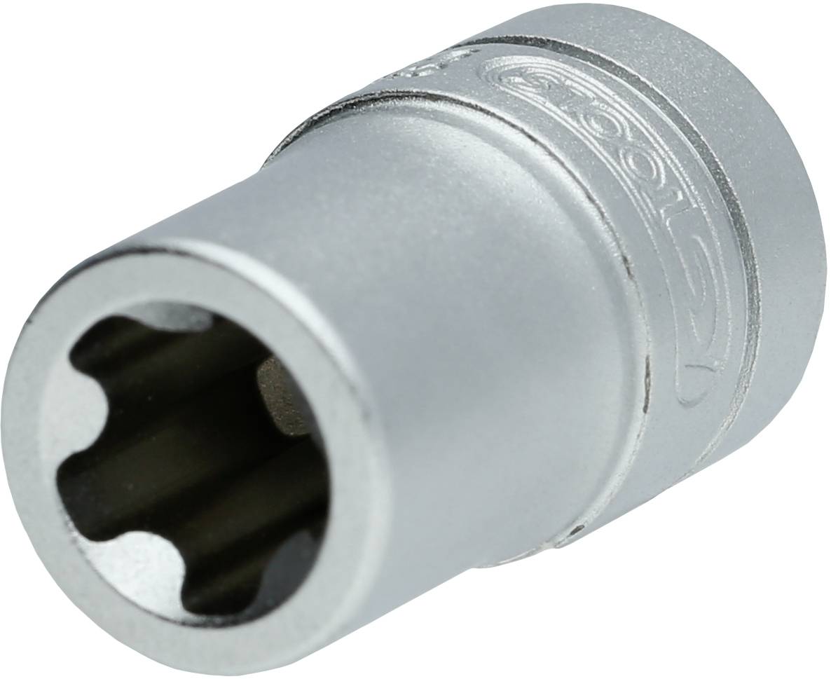 Eine silberne Stecknuss mit Rillen, geeignet zur Befestigung auf einem Steckschlüssel; Werkzeug zur Befestigung von Schrauben.