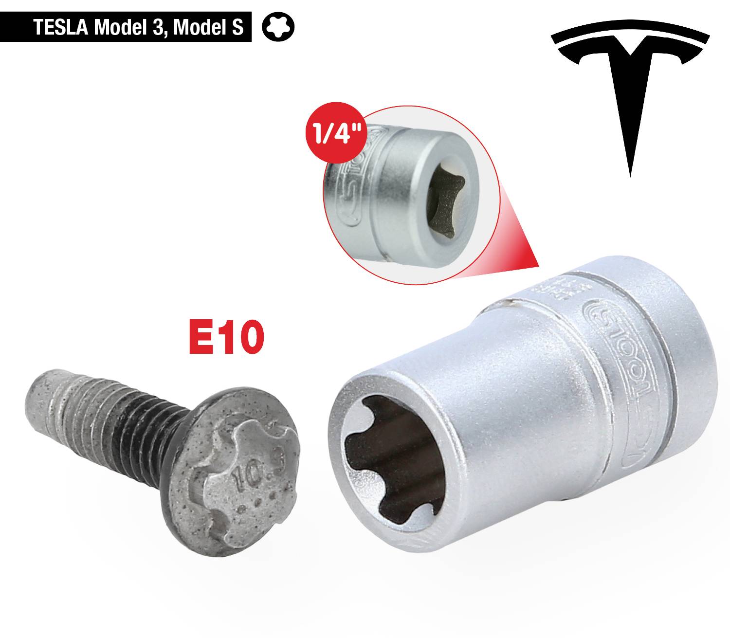 Steckschlüssel E10 und Schraube, passend für Tesla Model 3 und Model S.