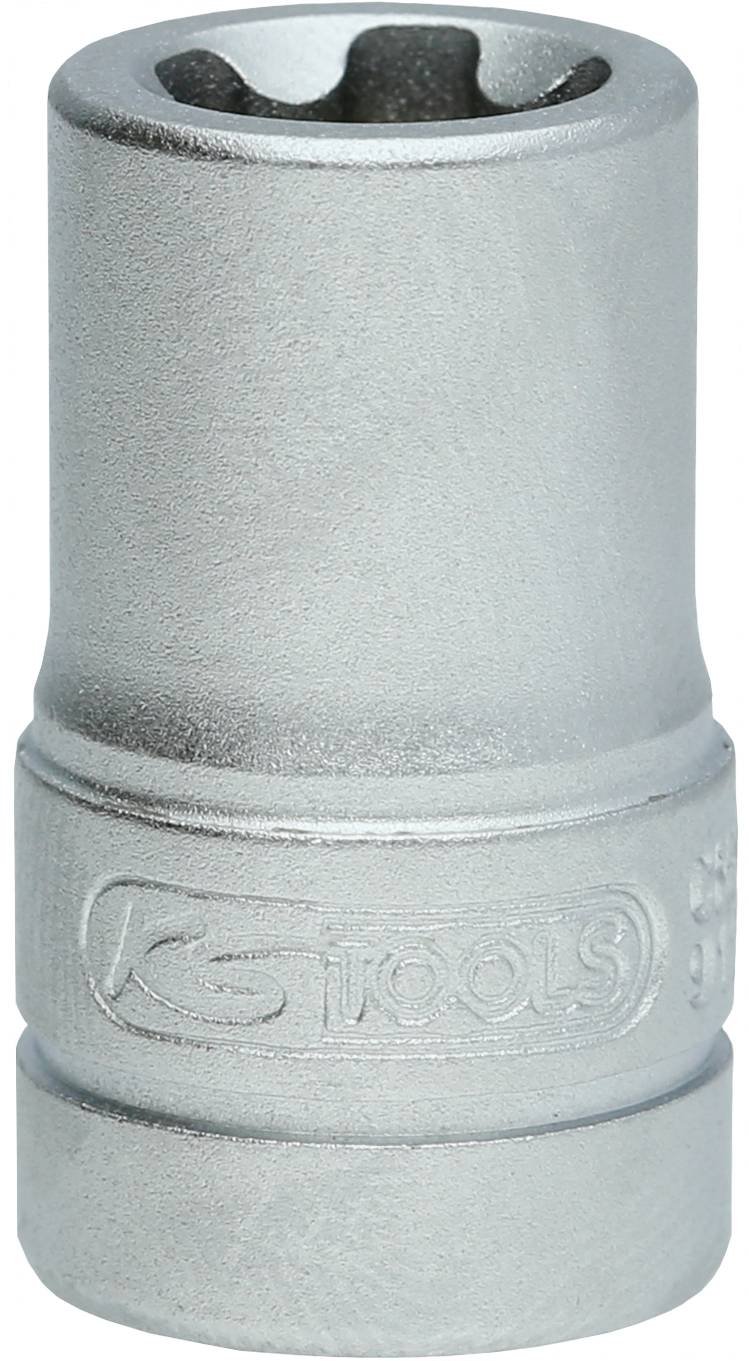 Eine silberne Stecknuss mit einer geriffelten Oberfläche und der Prägung 'KS Tools' in der Mitte. Sie ist metallisch und zylindrisch.