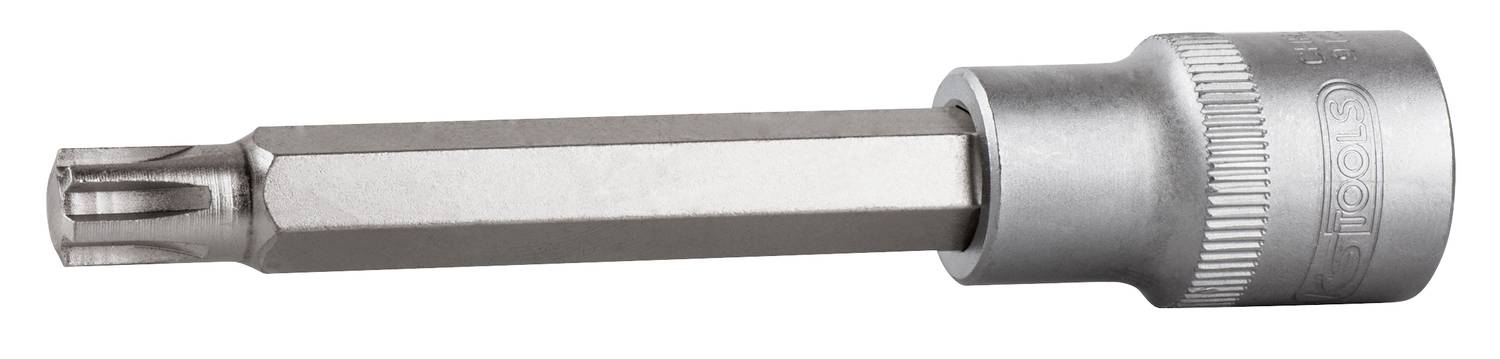 Sechskant-Bit mit Torx-Kopf und Steckschlüsselaufnahme, aus Metall, auf weißem Hintergrund. Werkzeug zur Verschraubung.
