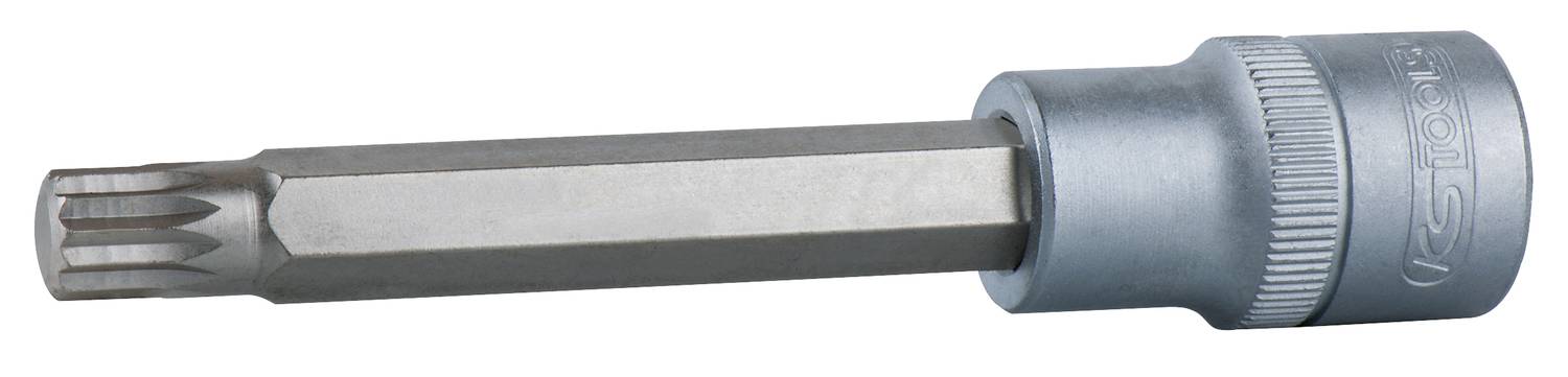 Ein metallischer Steckschlüsseleinsatz mit sechskantigem Bit, geeignet für Schraubarbeiten in der Mechanik.