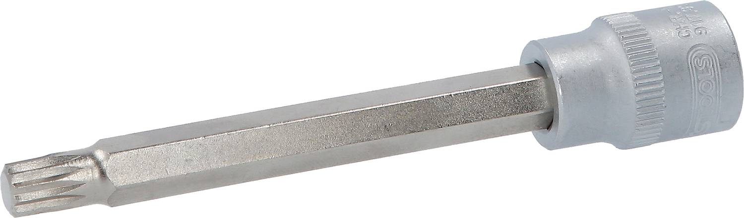 Ein silberner Torx-Bit mit langem Schaft und sechseckiger Aufnahme, verwendet für das Festziehen oder Lösen von Torx-Schrauben.