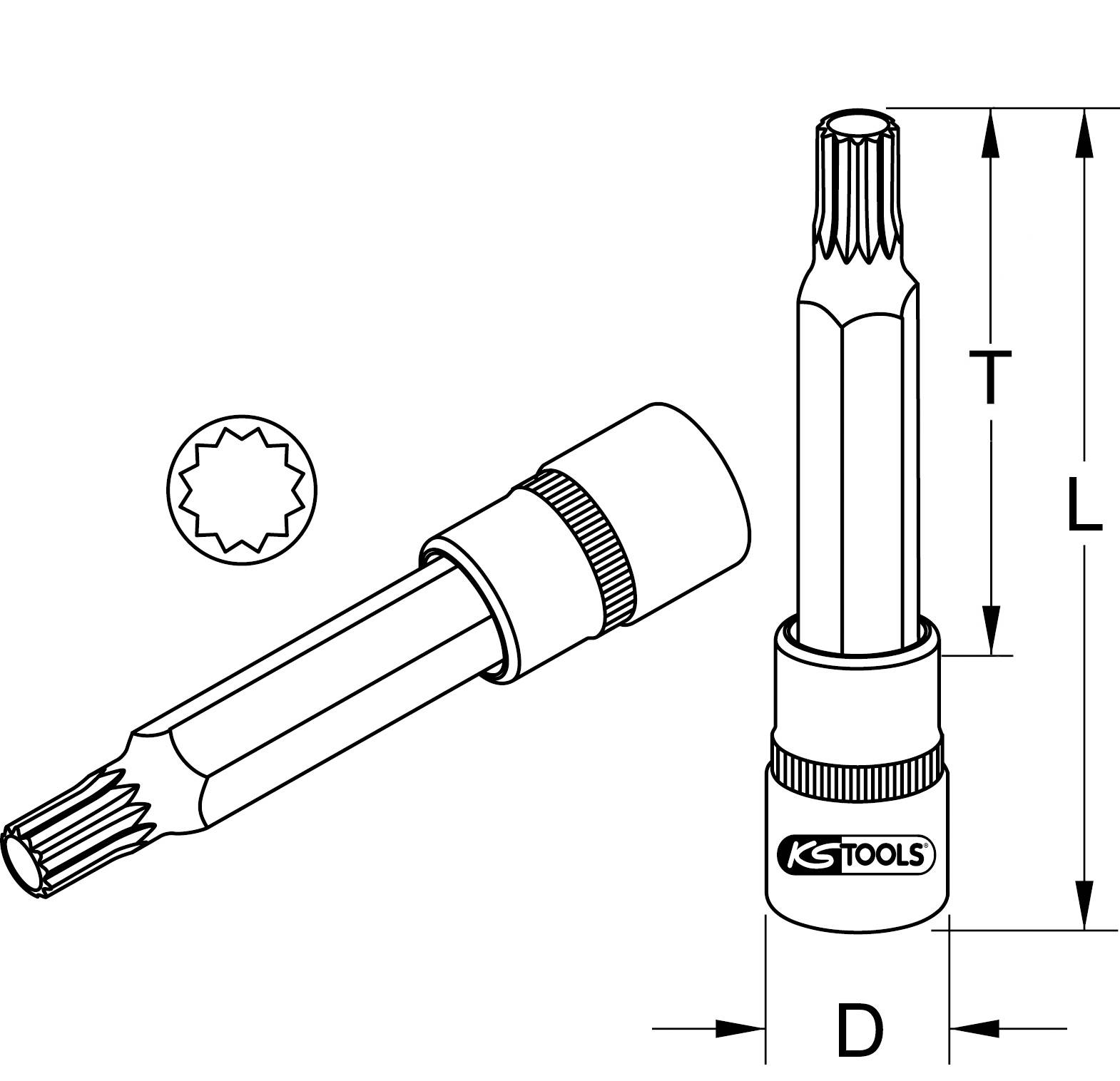 Torx-Bit-Einsatz mit Aufsatz und geriffeltem Kopf, markiert mit 'KS TOOLS'. Maße: Gesamtlänge 'L', Länge des Bits 'T', Durchmesser 'D'.