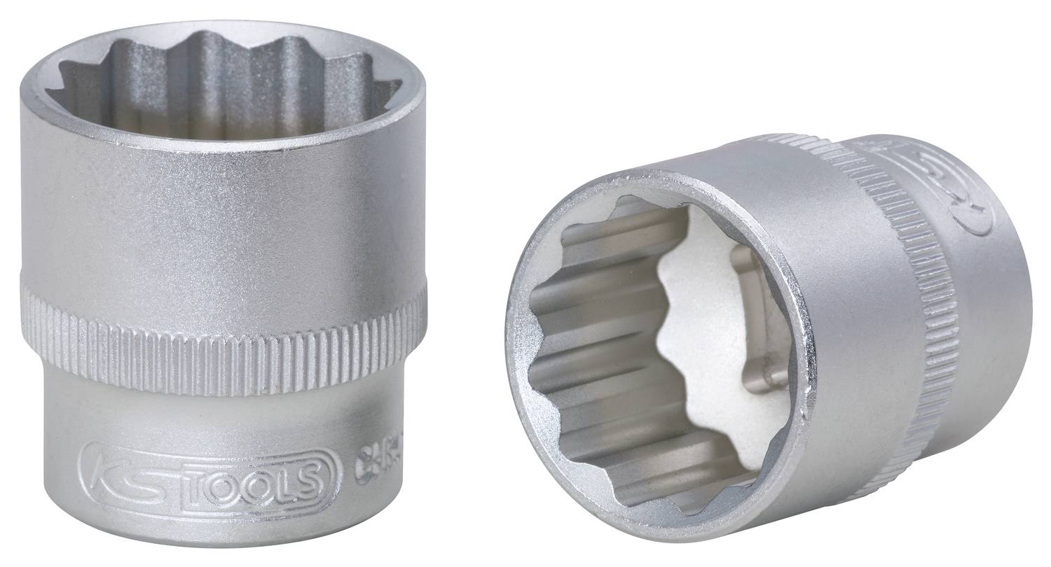 Zwei silberne Stecknüsse mit geriffeltem Rand und zwölfkantigem Innenprofil, verwendet zum Festziehen oder Lösen von Schrauben.