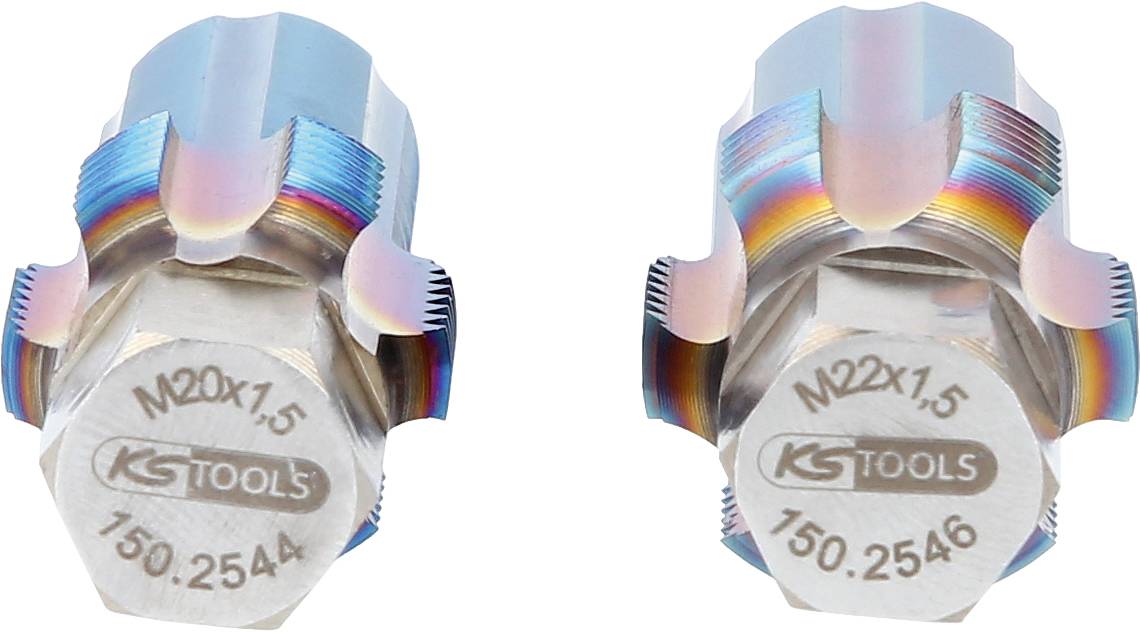 Zwei metallische Werkzeuge mit der Gravur 'KS Tools', 'M20x1,5' und 'M22x1,5', scheinen für den Einsatz im Maschinenbau bestimmt zu sein.