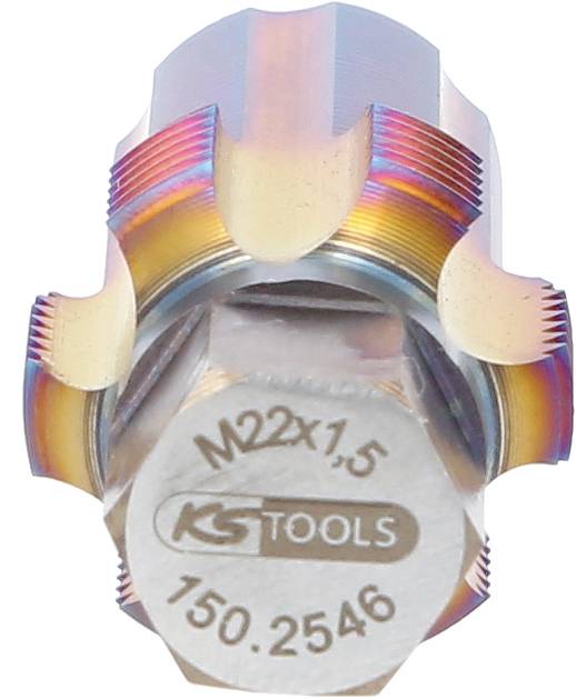 'KS Tools M22x1,5 Gewindewerkzeug, Artikelnummer 150.2546' in Nahaufnahme mit mehrfarbigem Metallglanz.