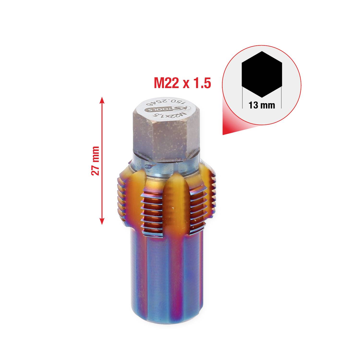Eine bunte Gewindereiniger- oder Reparaturwerkzeug für M22 x 1,5 mit 27 mm Länge und 13 mm Sechskant.