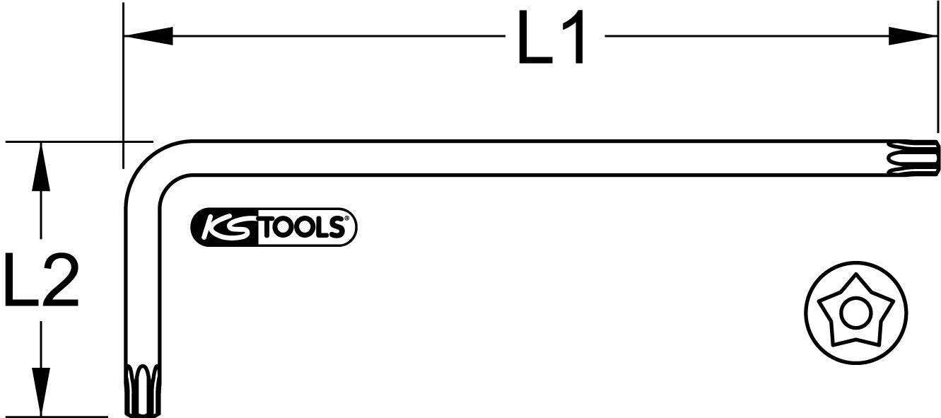 Abbildung eines Winkelschlüssels mit Längenangaben L1 und L2. Er zeigt ein Werkzeug von KS Tools mit Torx-Enden.