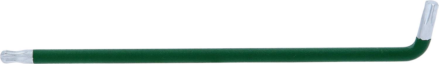 Ein grüner, L-förmiger Stock mit einem transparenten Kunststoffgriff an einem Ende. Verwendung unklar, möglicherweise ein Werkzeug.