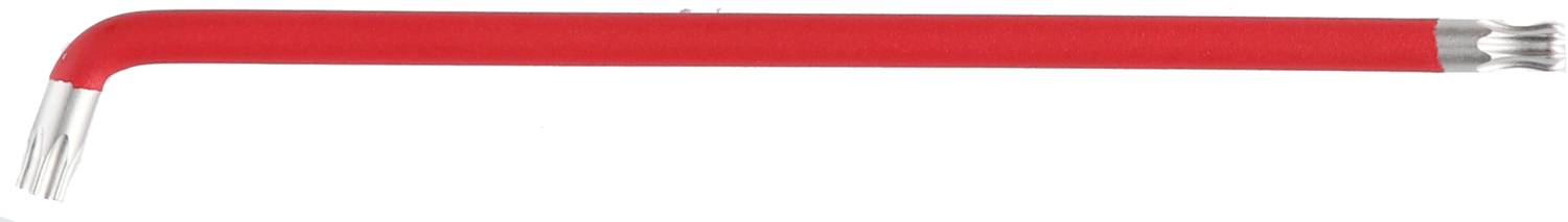 Ein roter L-förmiger Sechskantschlüssel mit einer silbernen Spitze und einem silbernen Griffende.