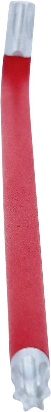 Roter Trinkhalm mit gebogenem Abschnitt und silbernen Enden, vertikal ausgerichtet.