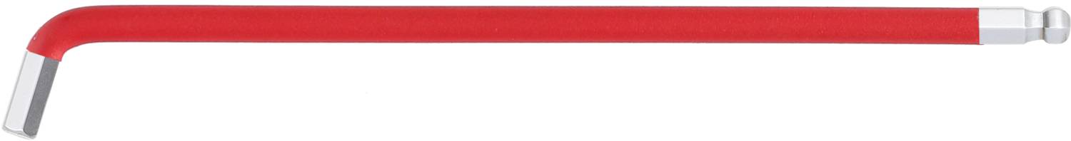 Ein roter Sechskantschlüssel mit einer silbernen Spitze und einem langen Griff liegt horizontal.