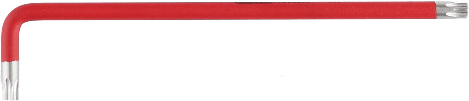 Ein L-förmiger roter Torx-Schlüssel mit silbernen Enden, geeignet zum Anziehen oder Lösen von Torx-Schrauben in handwerklichen Anwendungen.