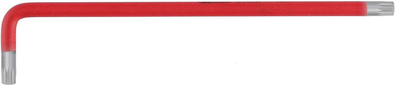 Ein roter Torx-Schlüssel in L-Form mit grauen Enden, geeignet zum Anziehen oder Lösen von Schrauben mit Torx-Kopf.