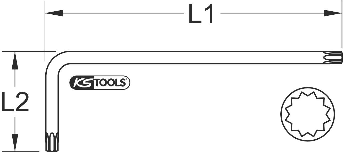 Illustration eines Winkelschraubenschlüssels mit Torx-Profil, zeigt L1- und L2-Maße. Markiert mit KS Tools-Logo.