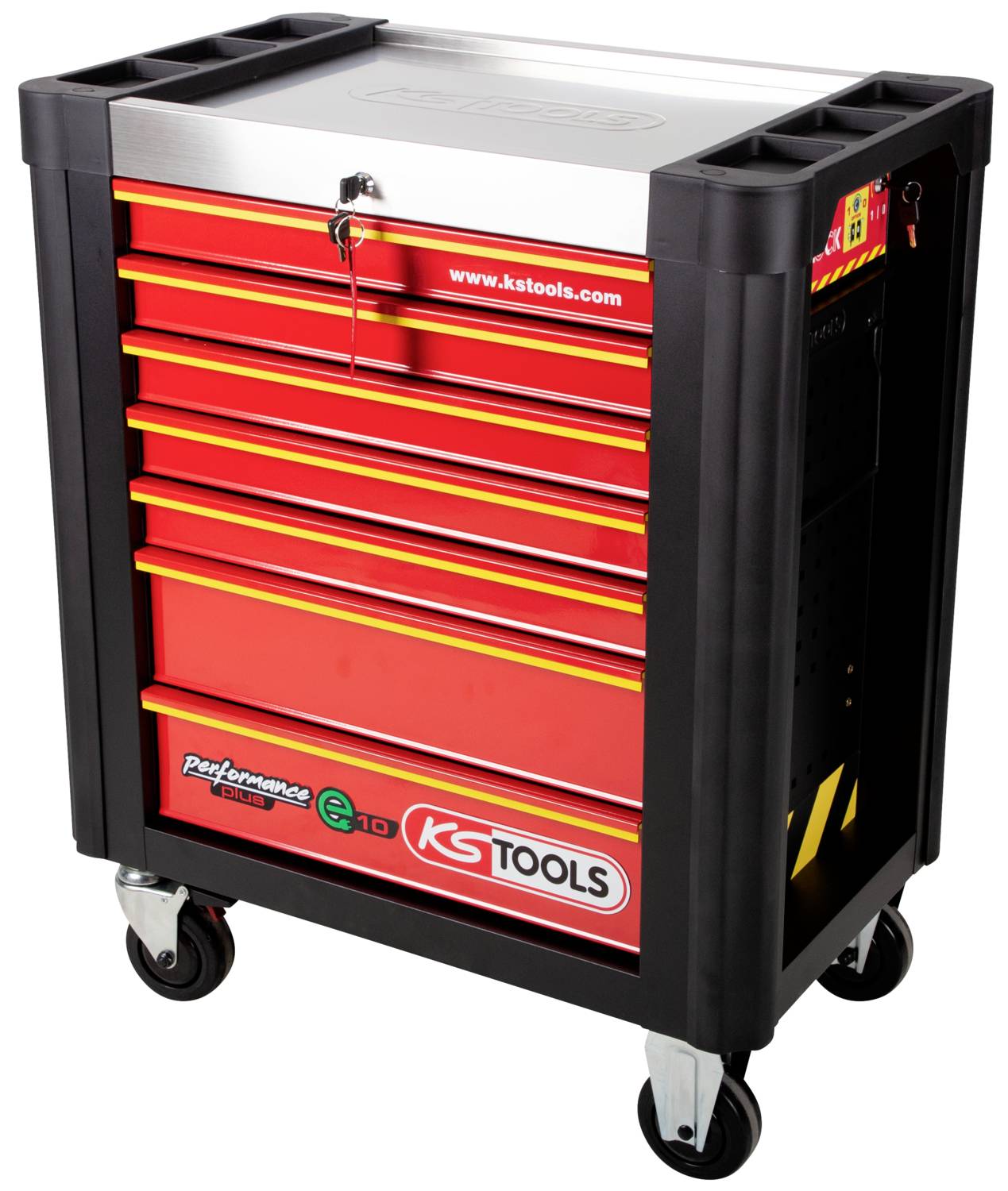 Roter Werkzeugwagen mit mehreren Schubladen und schwarzem Rahmen auf vier Rollen. Logos von 'KS Tools' und 'Performance' sichtbar.