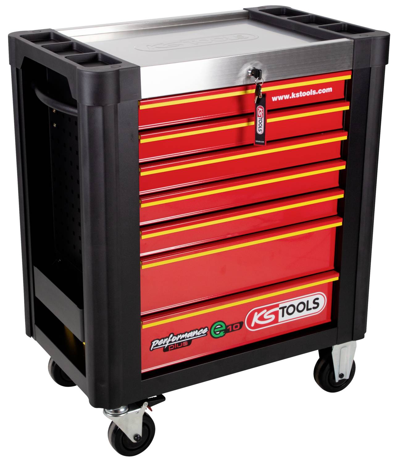 Roter Werkzeugwagen mit mehreren Schubladen, schwarzen Kanten, Markenlogo und Rollen für einfache Beweglichkeit.