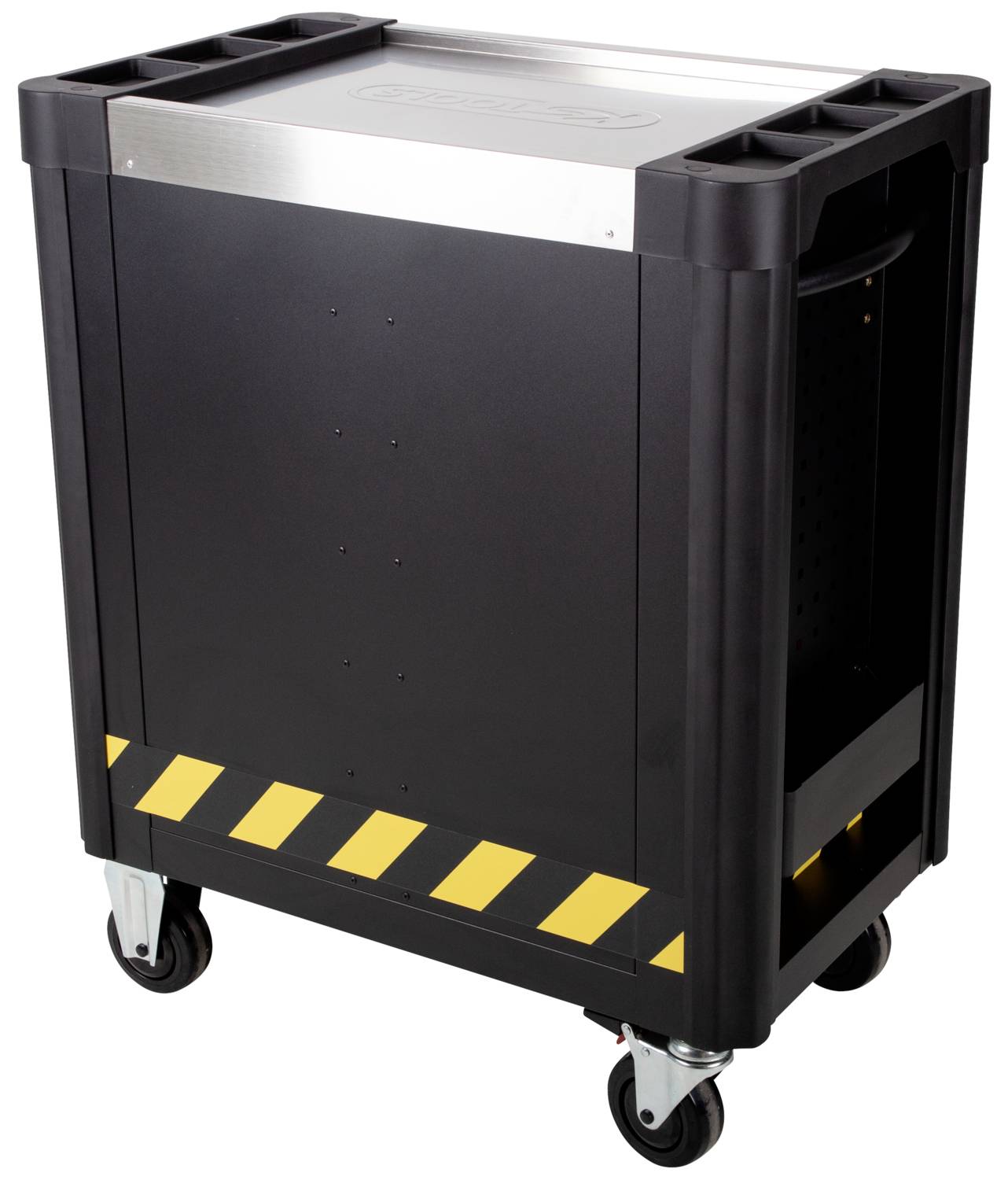 Ein schwarzer, rechteckiger Rollwagen mit vier Rädern, gelben Warnstreifen an der Unterseite und einer metallenen Oberfläche oben.