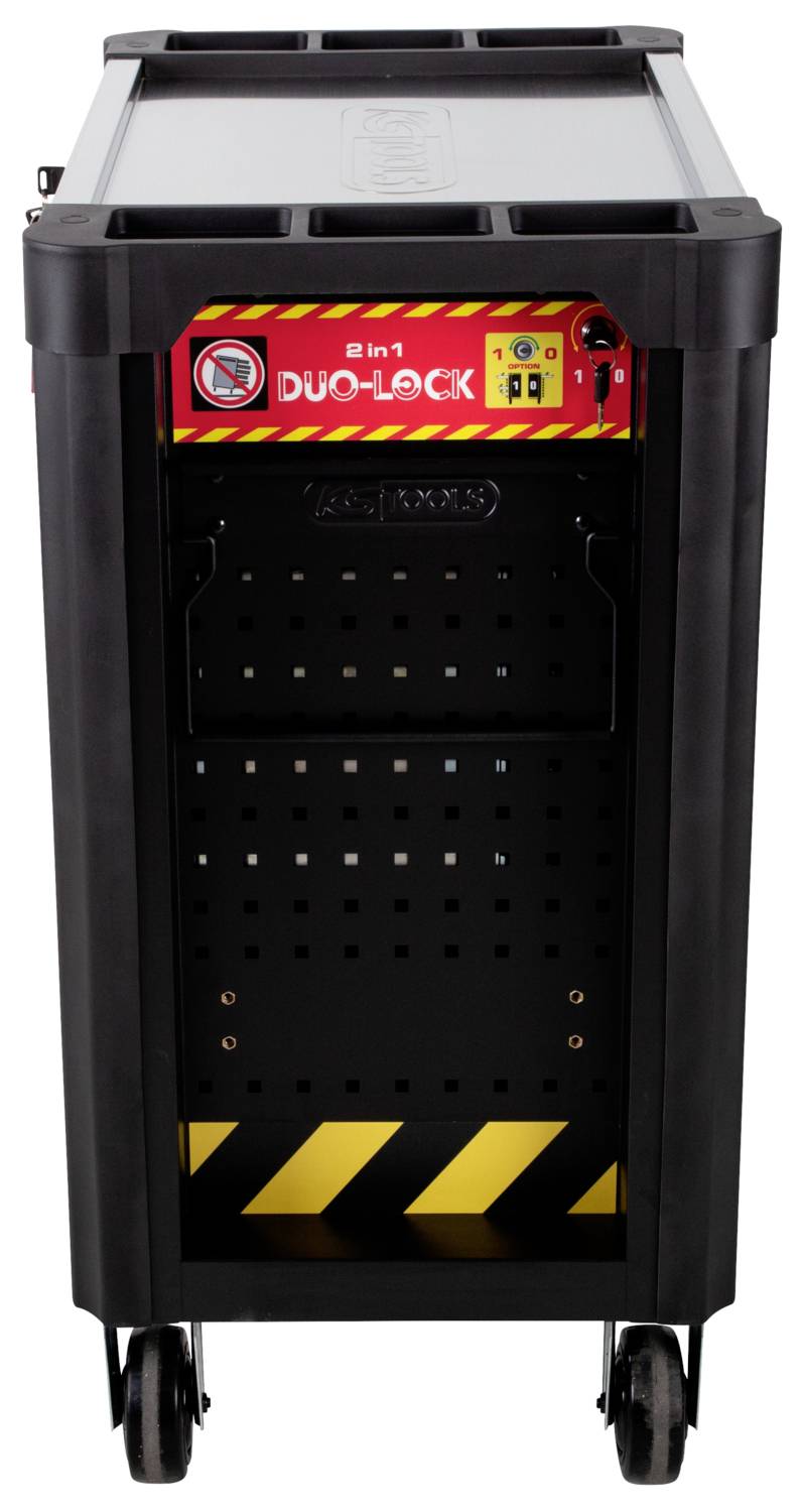 Schwarzer Werkzeugwagen mit Beschriftung '2 in 1 Duo-Lock', darauf Symbole zum Einstellen von Sicherheit und Funktionen, gelbe Warnstreifen unten.
