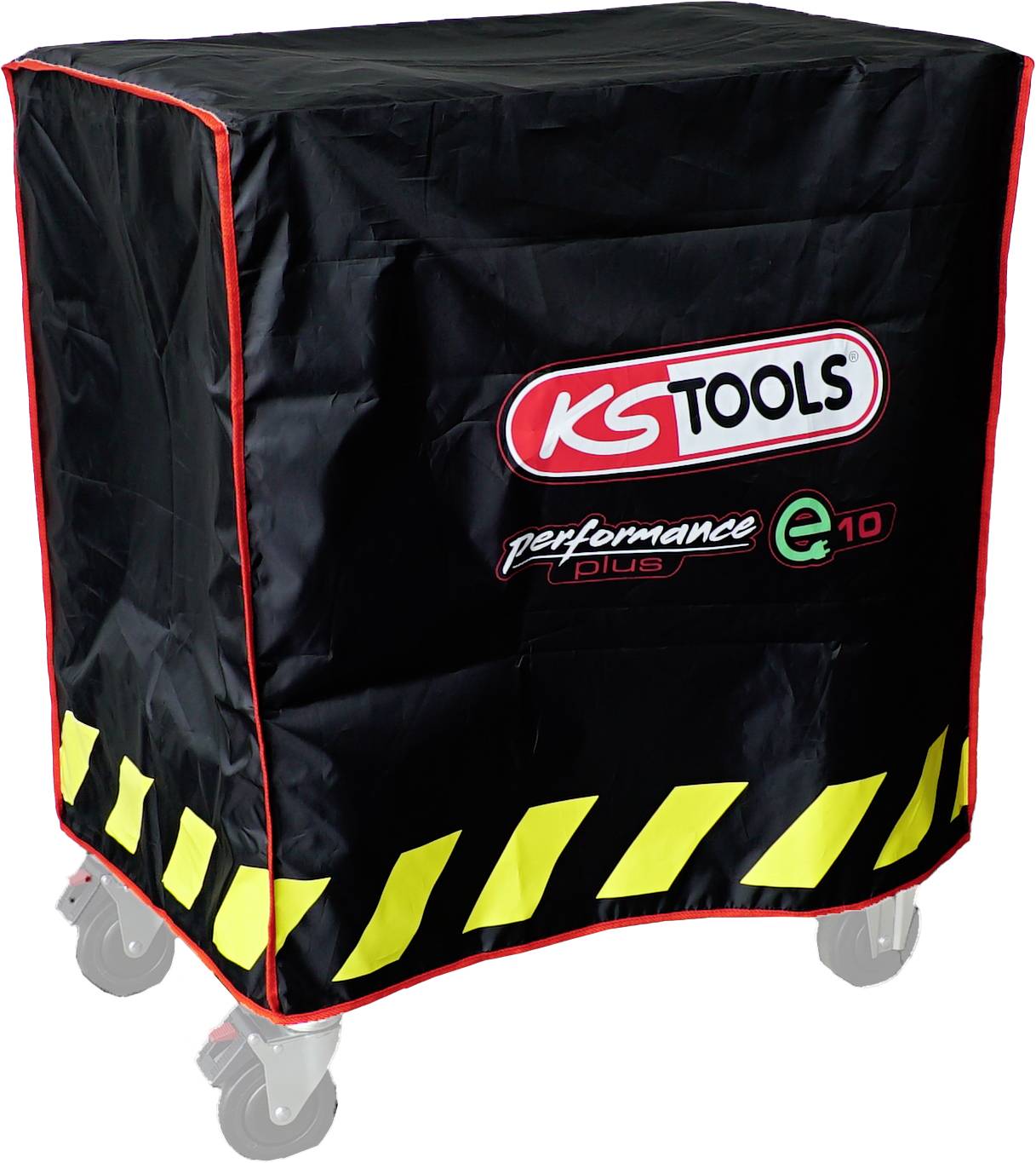 Schwarze Abdeckung mit roten Rändern, gelben Streifen und Logos 'KS TOOLS' und 'performance plus'. Bedeckt rollbaren Gerätewagen.