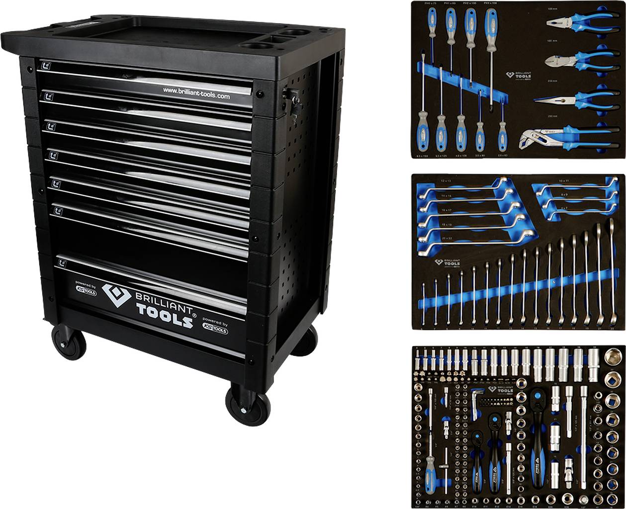 Werkzeugwagen mit sieben Schubladen voller Werkzeuge, rechts Detailaufnahmen der Schubladen mit Schraubendrehern, Schraubenschlüsseln und Zangen.