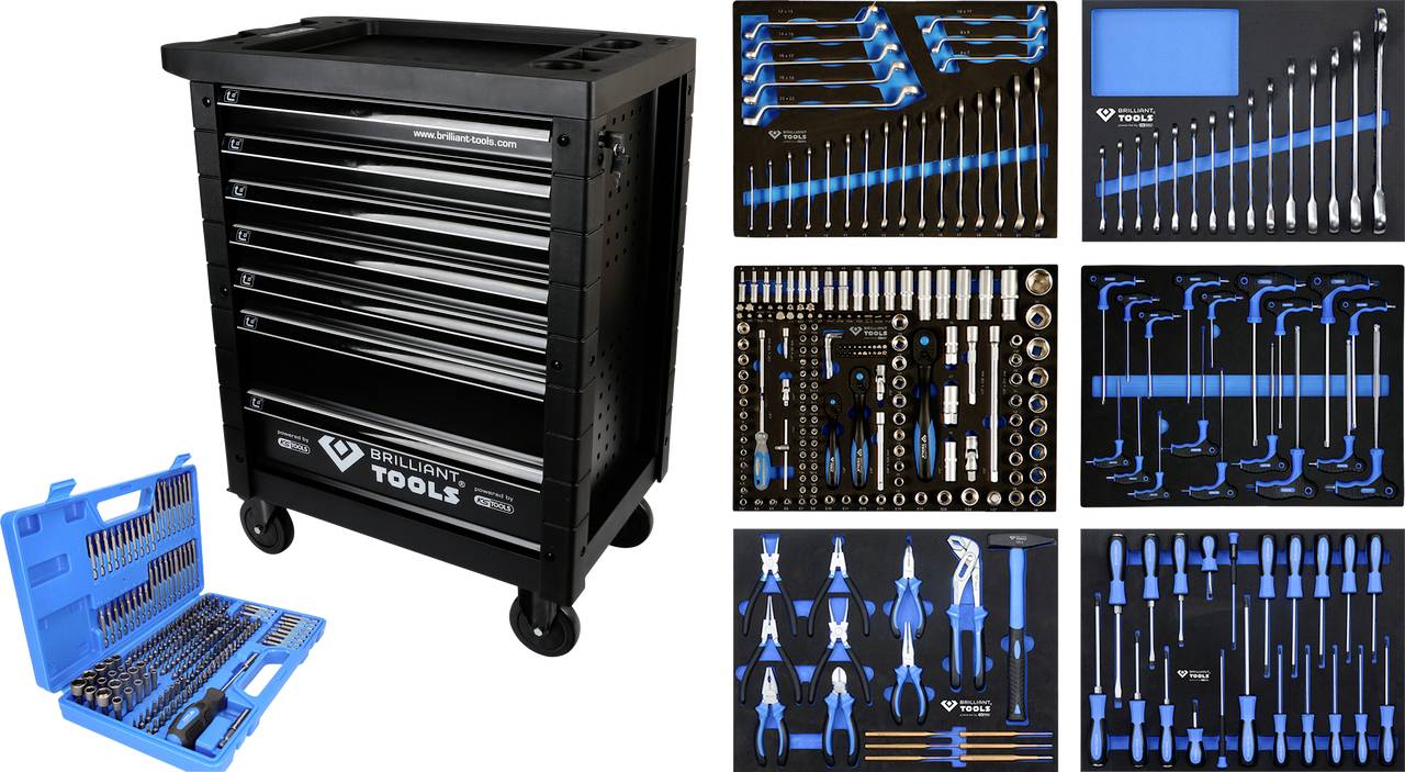 Ein schwarzer Werkstattwagen mit mehreren Schubladen voller verschiedener Werkzeuge, daneben sechs Blätter mit organisierten Werkzeugsets.