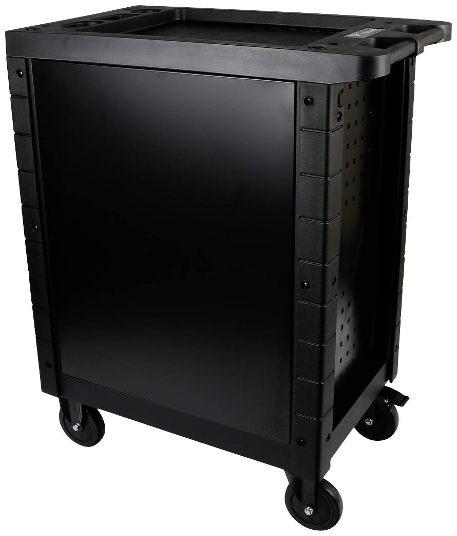 Schwarzer, rechteckiger Rollwagen mit vier Rollen, geeignet zur Aufbewahrung oder zum Transport von Materialien.