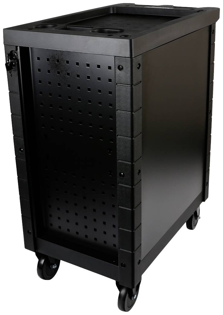 Schwarzer mobiler Aufbewahrungswagen mit Rollen, perforierten Seitenwänden und abschließbarer Tür, geeignet für technischen oder gewerblichen Gebrauch.