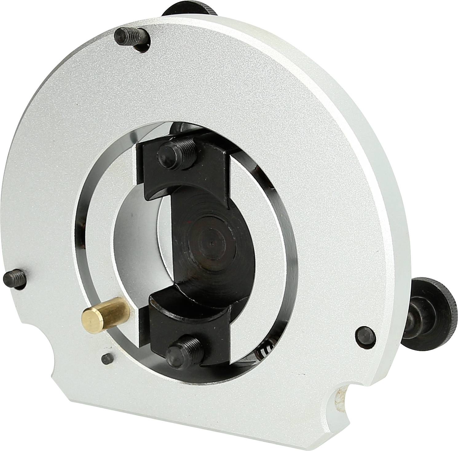 Metall-Komponente mit kreisförmigem Design und Schrauben, wahrscheinlich ein Teil eines mechanischen Geräts oder einer Maschine.