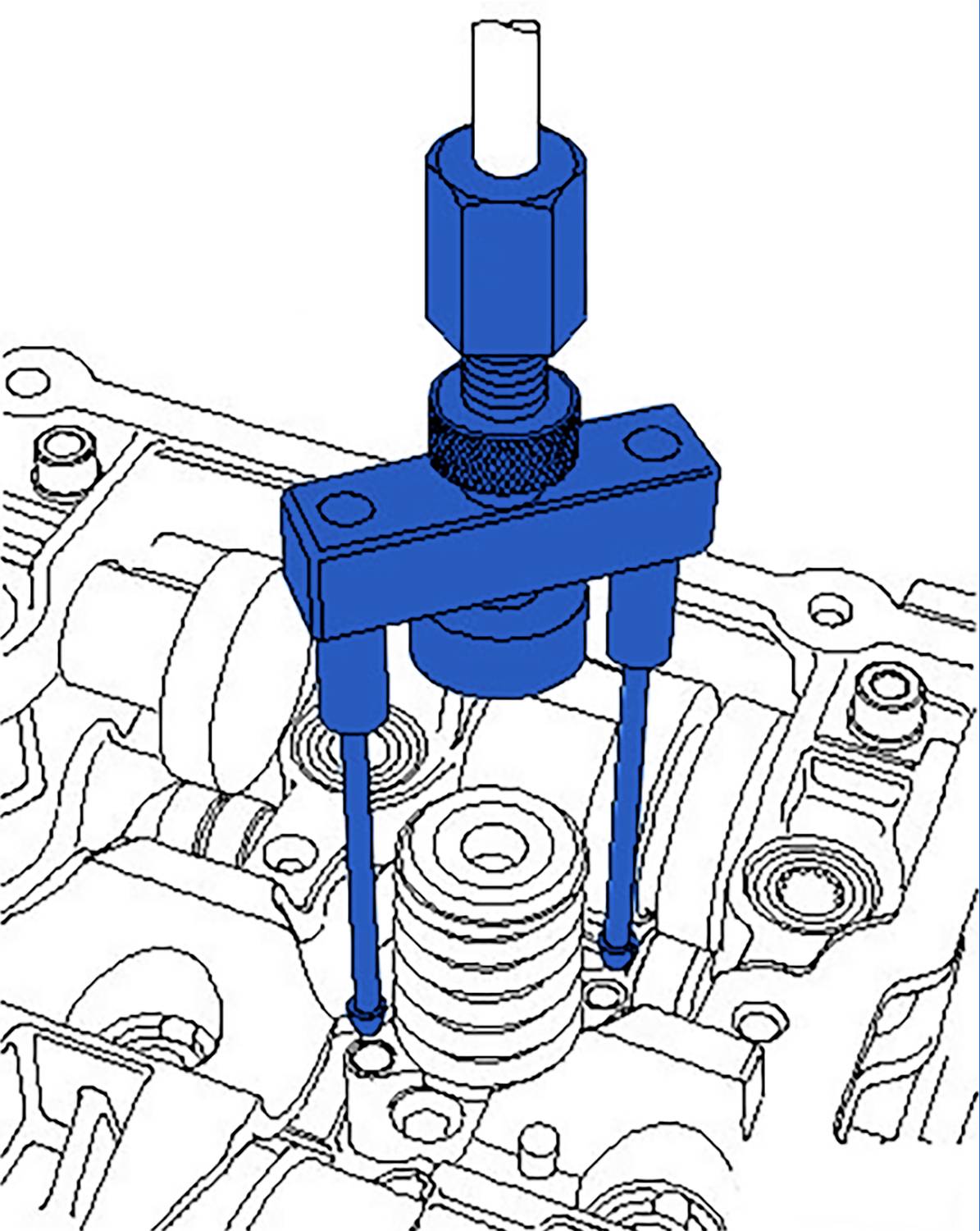 Illustration eines Ventilfeder-Spannwerkzeugs beim Einsatz in einem Motorblock zur Federentlastung und Demontage.