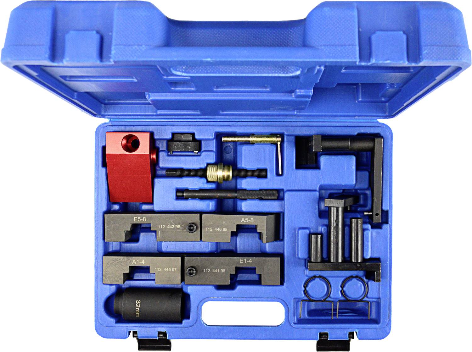 Blauer Werkzeugkoffer offen mit verschiedenen Spezialwerkzeugen, darunter rote und schwarze Teile und Metallstücke, organisiert in Fächern.