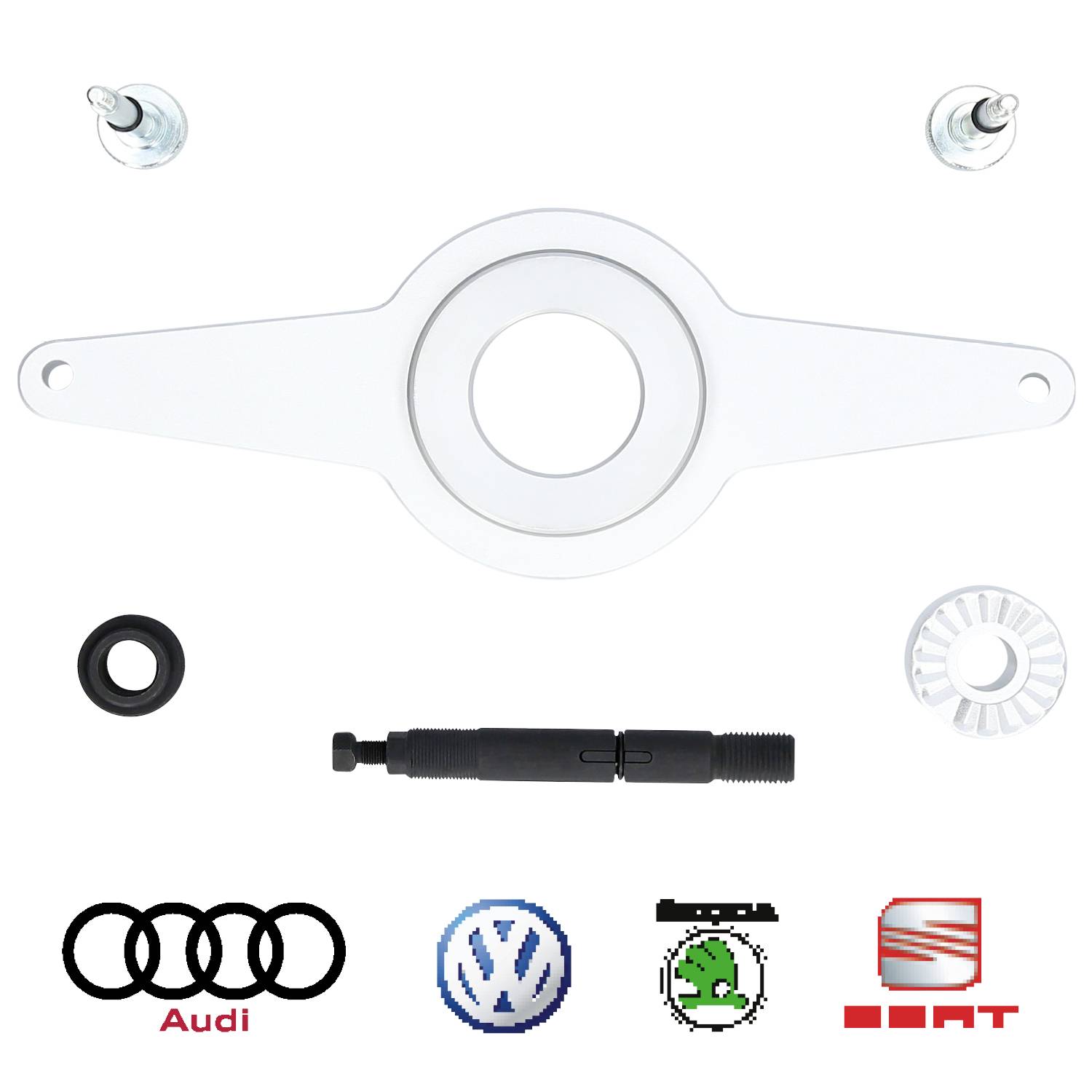 Ein Set von Autoteilen bestehend aus Spindel, Lagerwerkzeug und weiteren Komponenten. Markenlogos von Audi, VW, Skoda und Seat unten.