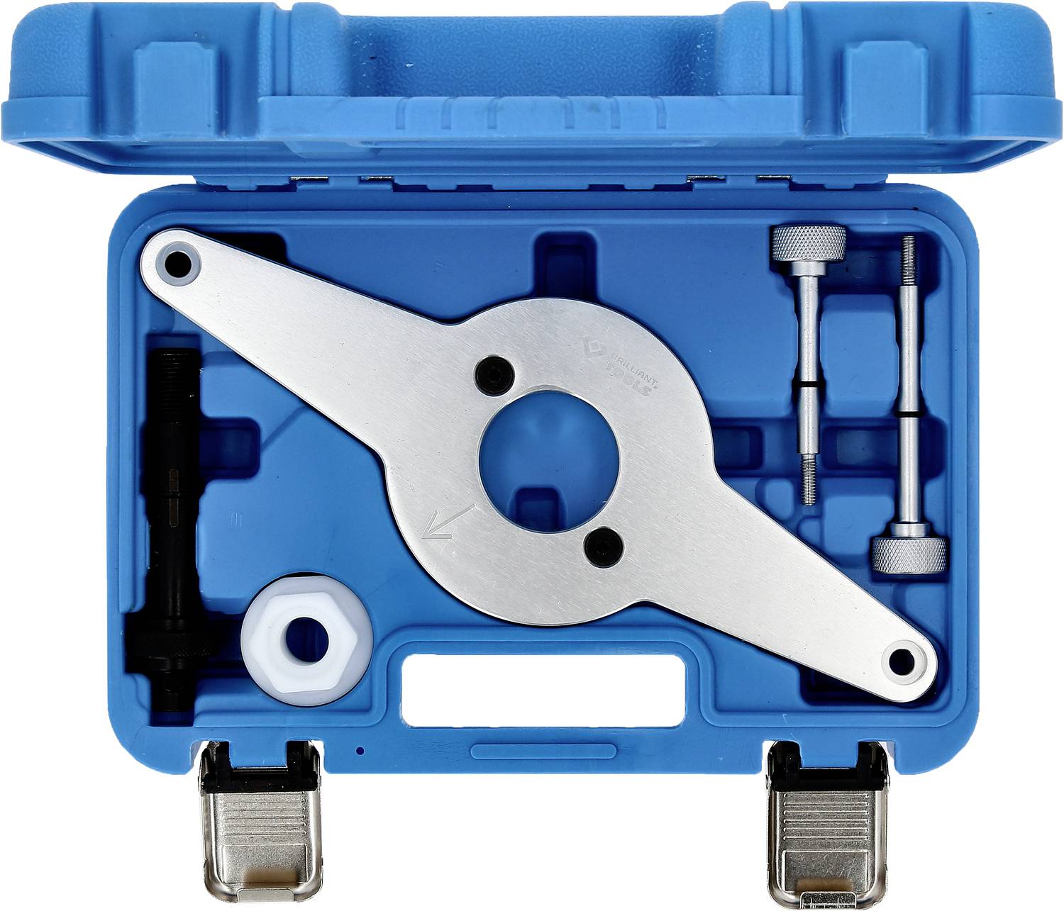 Blauer Werkzeugkoffer mit Spezialwerkzeugen zum Ausrichten und Fixieren von Motorbauteilen während der Reparatur oder Wartung.