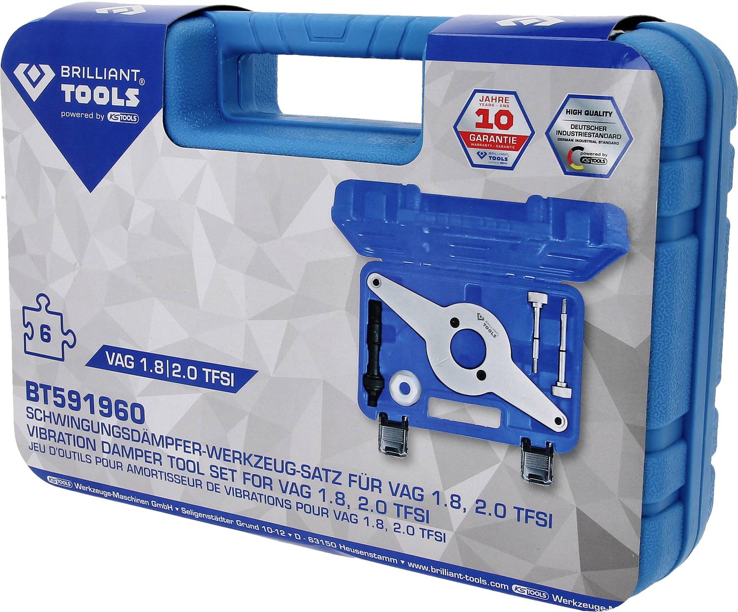 Blauer Werkzeugkoffer von Brilliant Tools zur Schwingungsdämpfung in VAG 1.8, 2.0 TFSI Motoren. Enthält Werkzeuge und Garantieaufkleber.