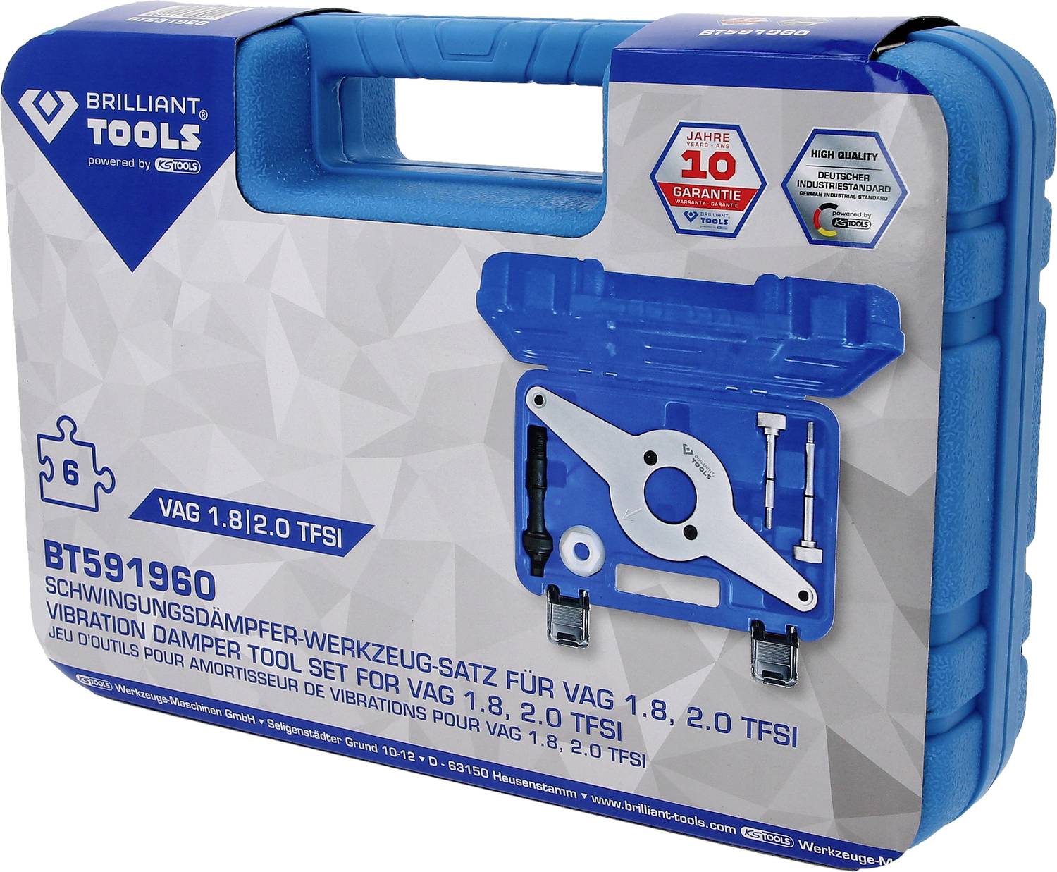 Blauer Koffer mit Werkzeugen im Inneren, gekennzeichnet für Schwingungsdämpfer-Werkzeugsatz, passend für VAG 1.8, 2.0 TFSI.