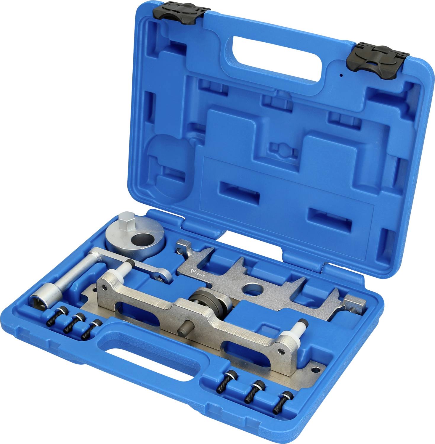 Ein blauer Werkzeugkoffer mit verschiedenen metallischen Autoreparaturwerkzeugen, geöffnet zur Ansicht der Inhaltsanordnung.