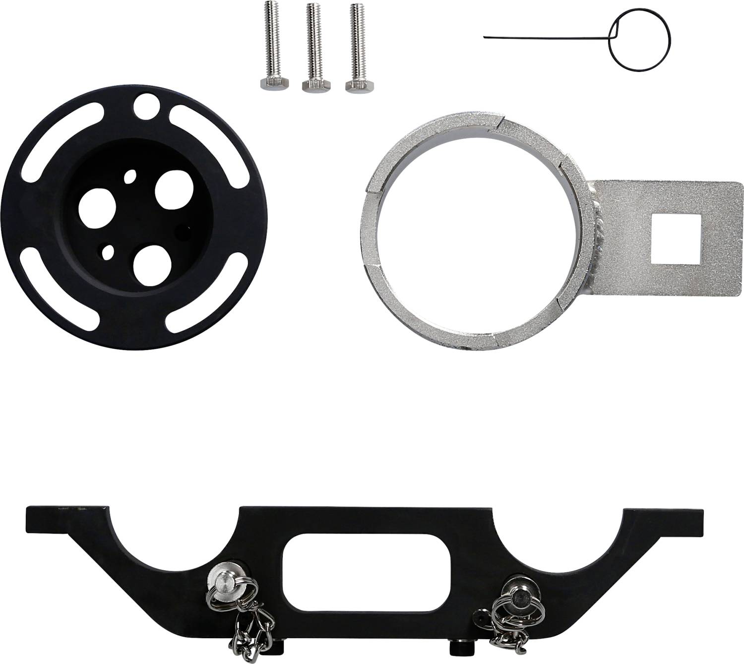 Einzelteile eines Kameramontagesets: schwarze Halterung, runde Platte, Ring mit Befestigungsarm, drei Schrauben und Sicherungsstift.