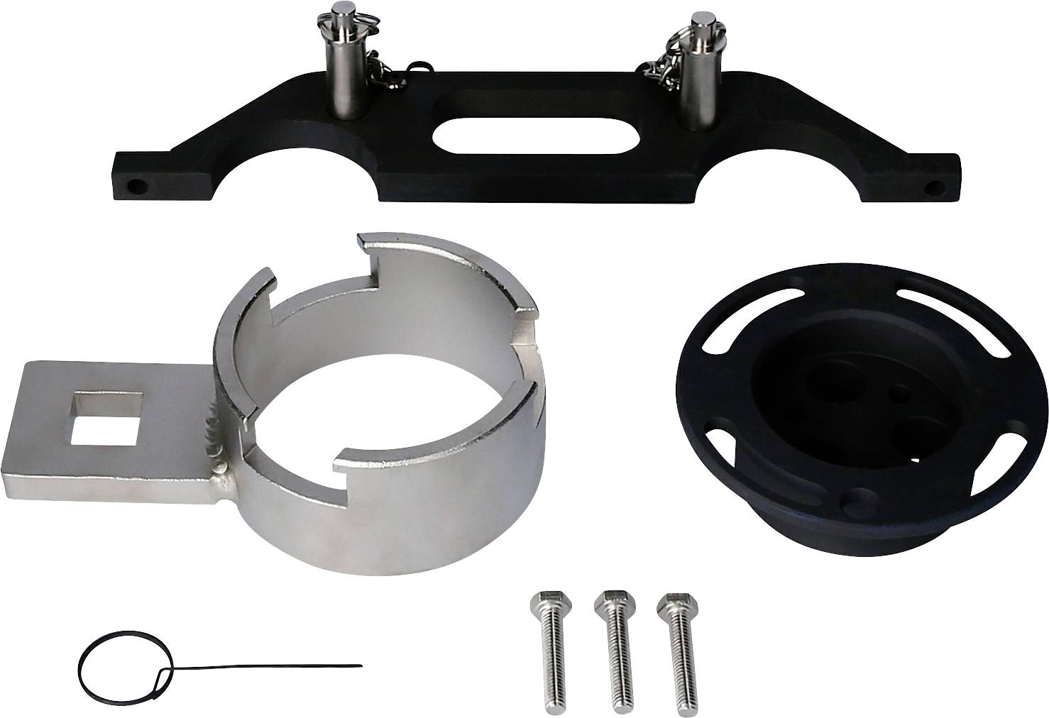 Set mit Metallteilen: schwarze Halterung, silberne Klemme, schwarze Einsätze, drei Schrauben und Draht. Für Werkzeugmontage.