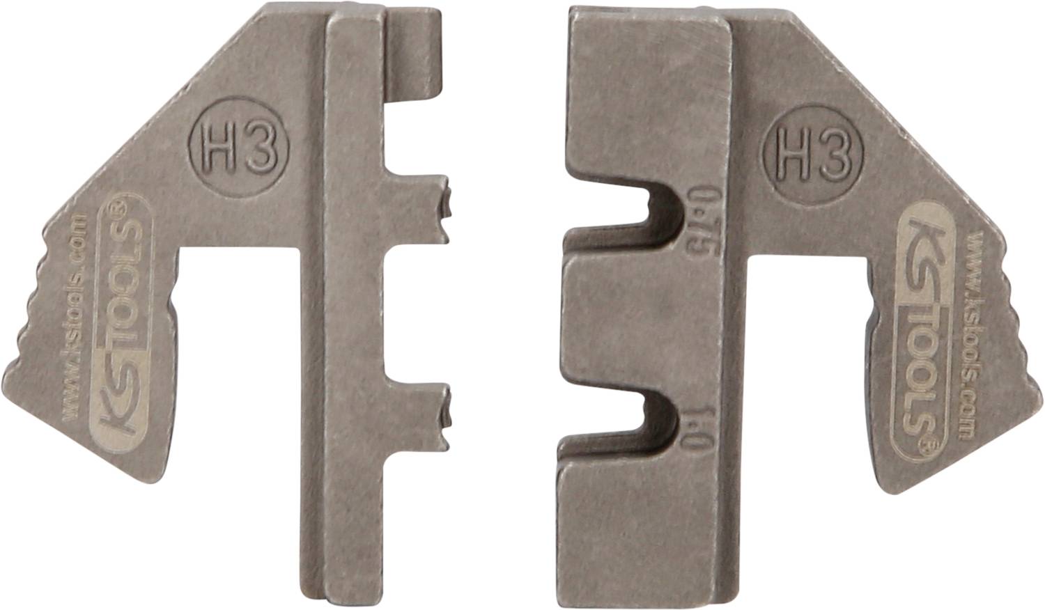 Zwei metallische Prägeeinsätze mit der Gravur H3 und KS TOOLS-Logo.