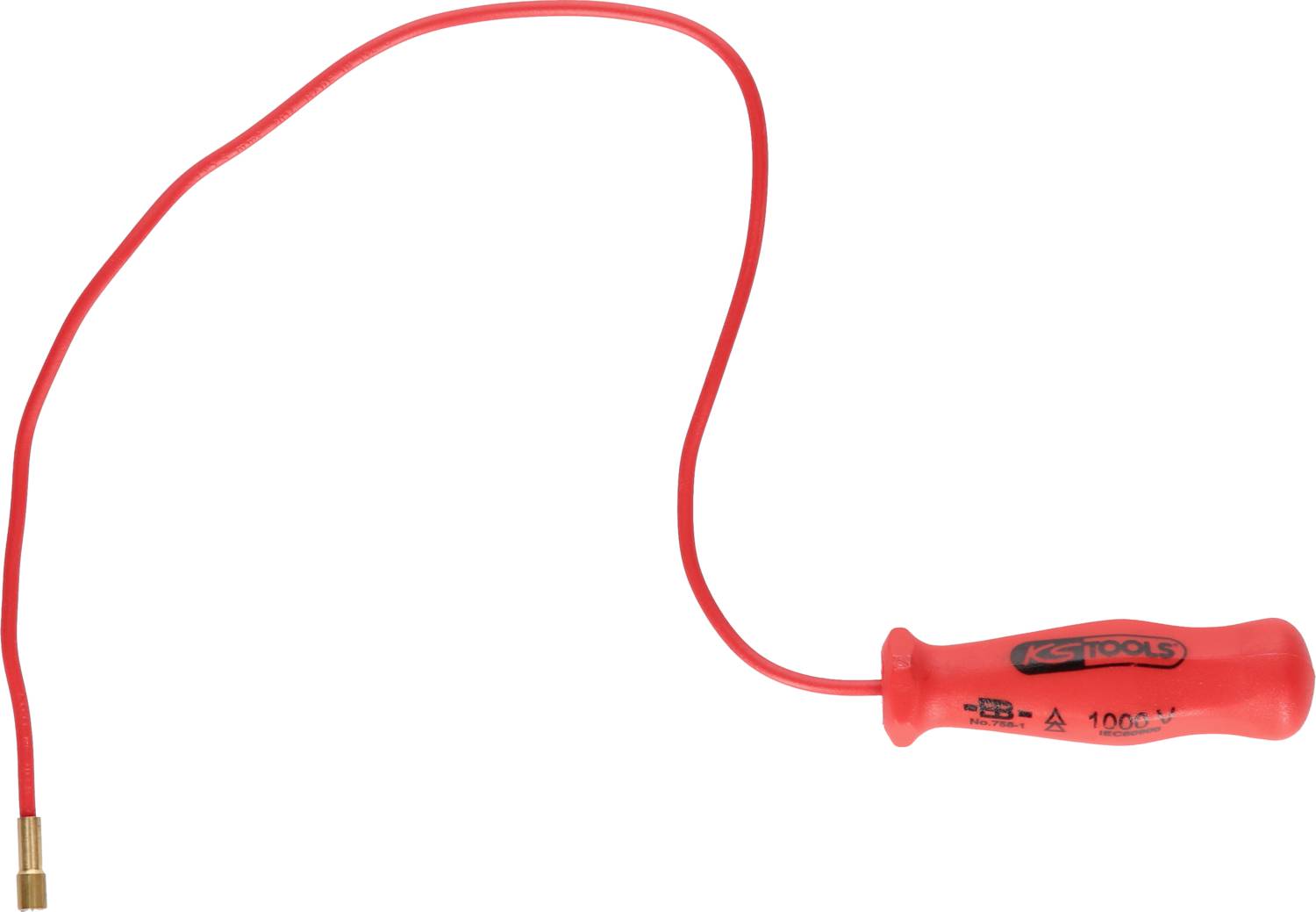 Ein roter elektrischer Testschraubendreher mit langem Kabel und Kunststoffgriff, markiert mit 'KS Tools'.