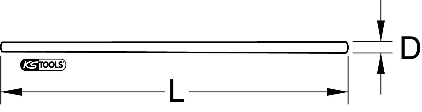 Diagramm eines Werkzeugs mit Länge 'L' und Durchmesser 'D', markiert mit 'KS Tools'-Logo. Arrows zeigen die Dimensionen an.