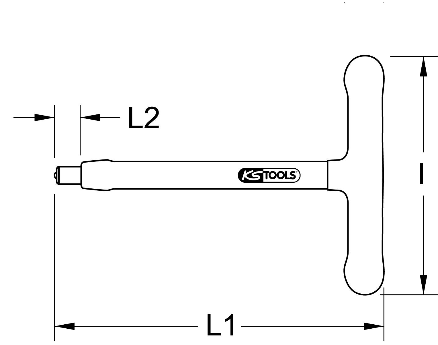 T-förmiger Schraubenschlüssel, Länge L1 und L2 angegeben, mit 'KS TOOLS' Logo auf dem Griff.