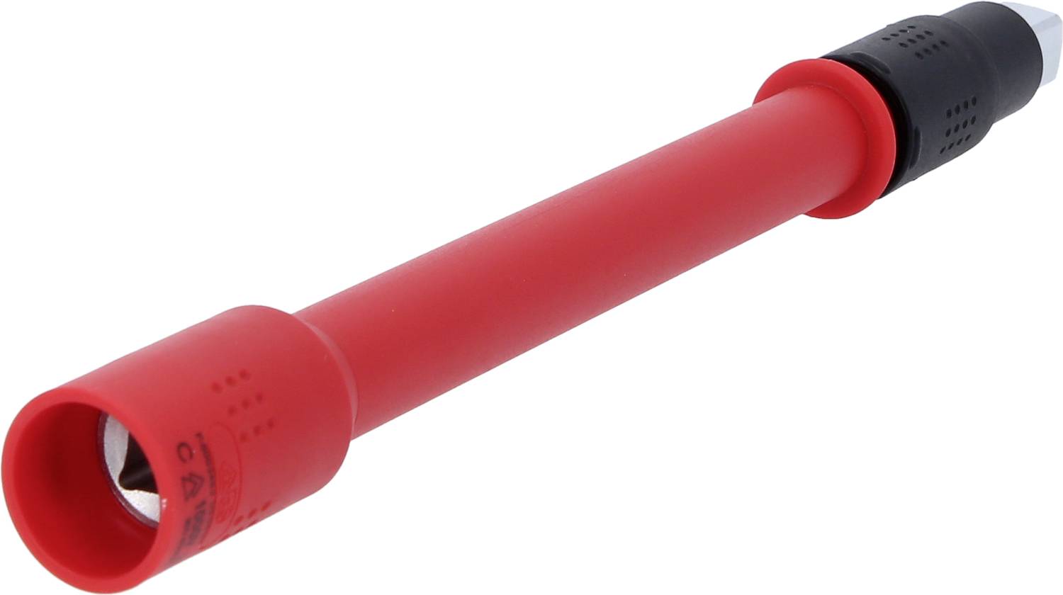 Roter Stift mit schwarzem und silbernem Kopf, wahrscheinlich ein Messgerät oder Werkzeug, vor weißem Hintergrund.