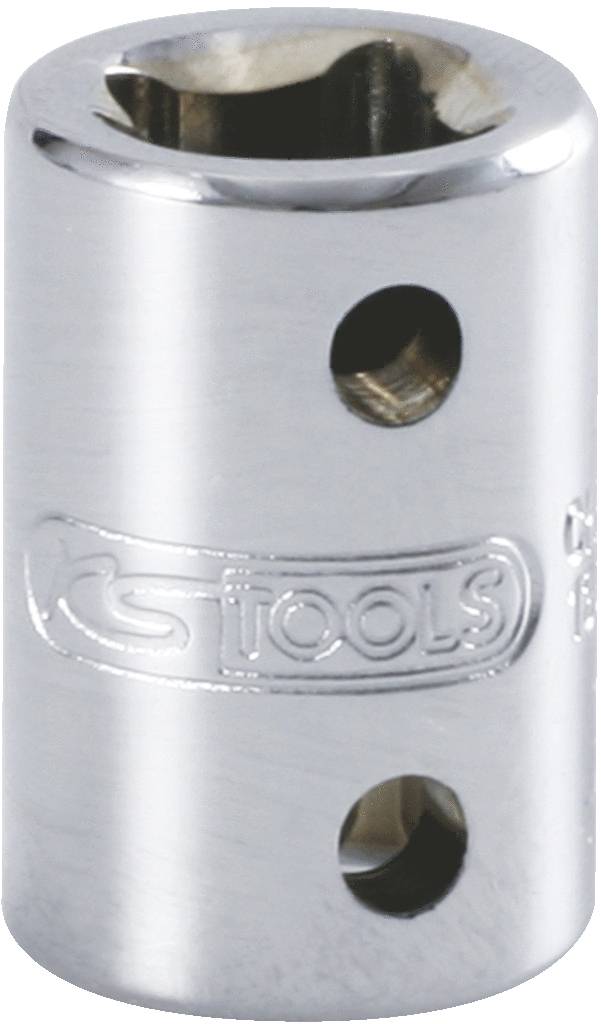 Ein zylindrischer Metalladapter mit zwei Öffnungen, geprägt mit dem Logo 'KS Tools', wird für Werkzeugeinsätze verwendet.