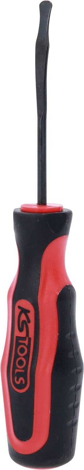 Kleiner Schraubendreher mit rotem und schwarzem Griff und schmaler, flacher Klinge.